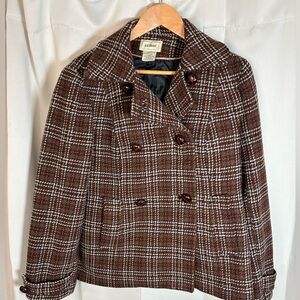 LL Bean Womens Small Double Breasted Tartan Plaid‎ Wool Blend Pea Coat